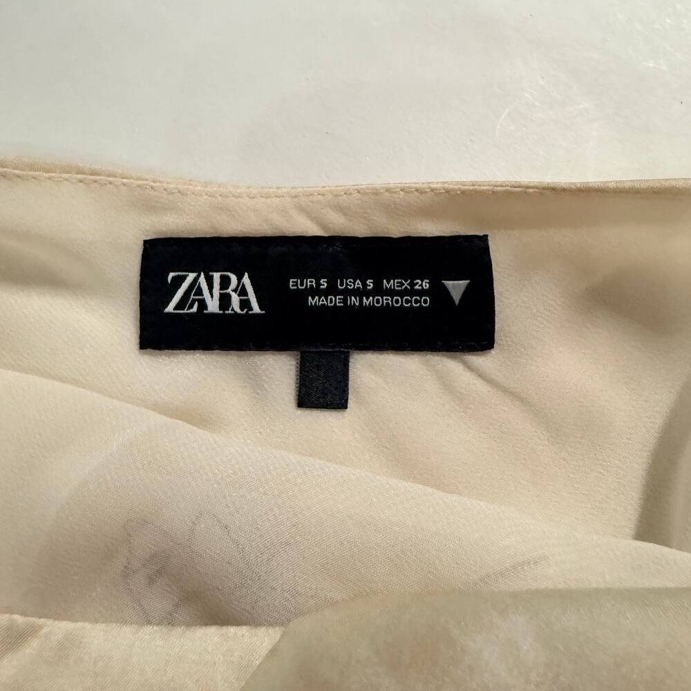 Zara Cream Satin Midi Slip Dress S Flower Line Drawing Cut Out Back Sleek - Picture 3 of 12